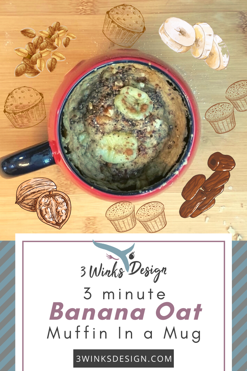 Picture of a banana oat muffin in a mug with pictures of muffins, dates, walnuts, bananas, and oats around it. The 3 Winks Design Logo and the title 3 Minute Banana Oat Muffin in a Mug. 3winksdesign.com
