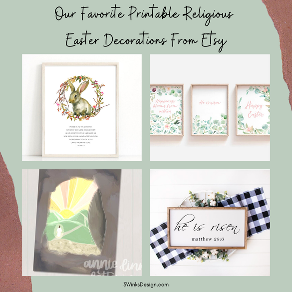 Collage of 4 different printable religious Easter Decorations from Etsy.